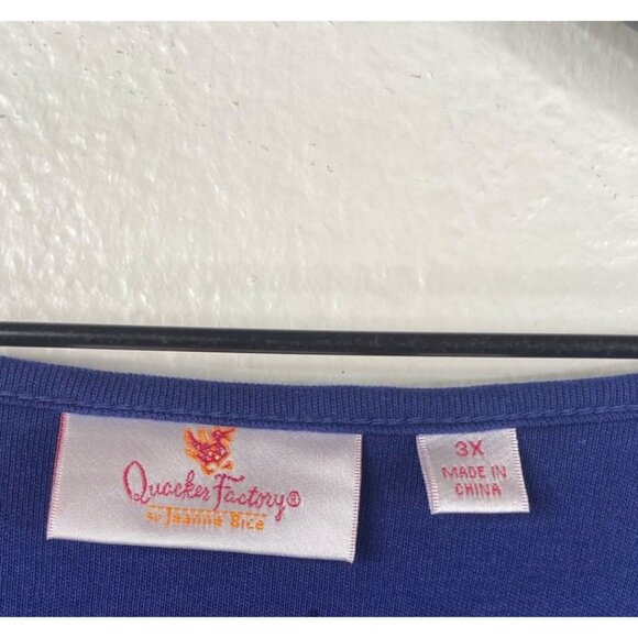 Quacker Factory Top Plus Size 3X Rhinestones Studs Embroidered Flower Blue Shirt - Picture 3 of 9
